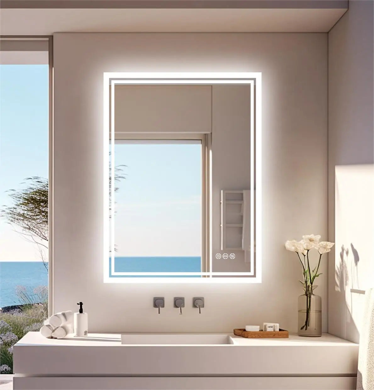 Rectangular frameless bathroom mirror with bright white led light border for vanity and makeup use