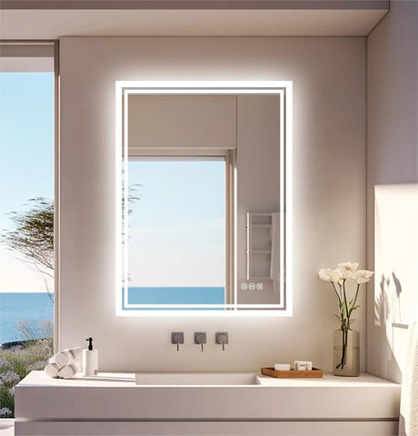 Rectangular frameless bathroom mirror with bright white led light border for vanity and makeup use