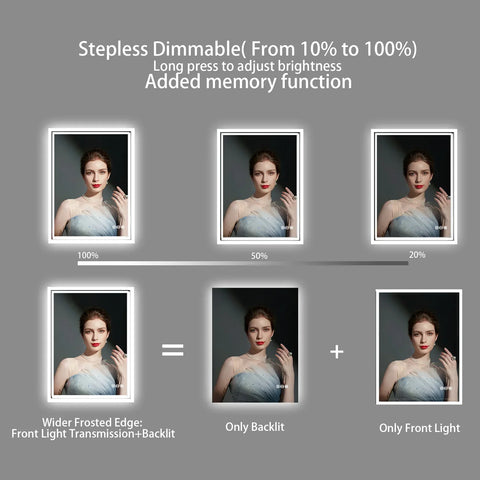 Sleek bathroom mirror with stepless dimmable frosted edge backlighting adjustable from 10 to 100 percent brightness
