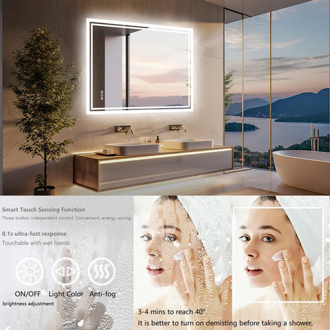A sleek rectangular bathroom mirror with led lighting slim white frame and touch controls for color and anti-fog use