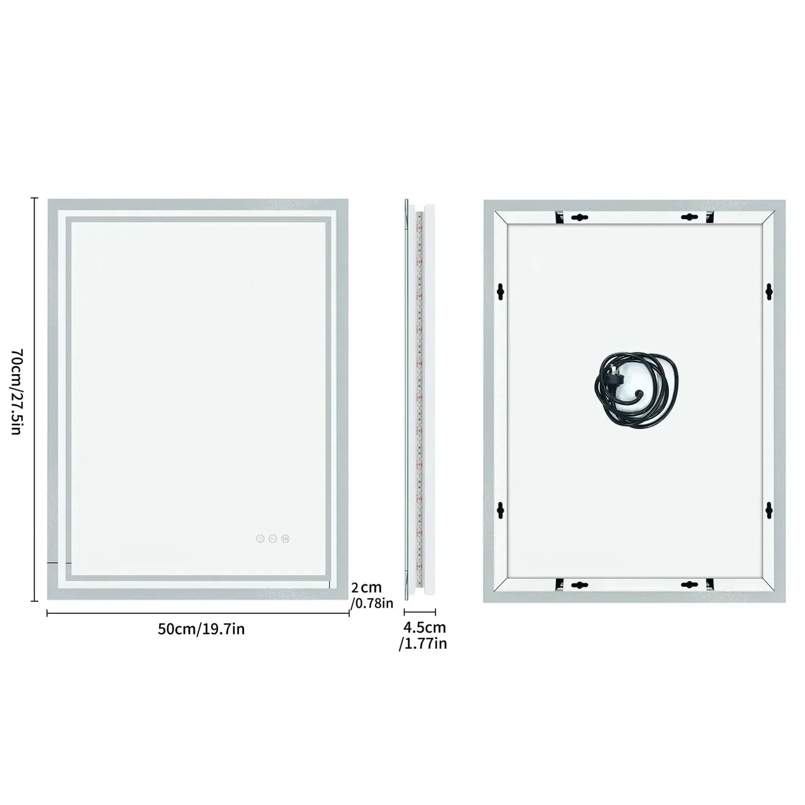 A sleek rectangular bathroom mirror with slim silver frame and integrated led lighting for vanity and makeup use