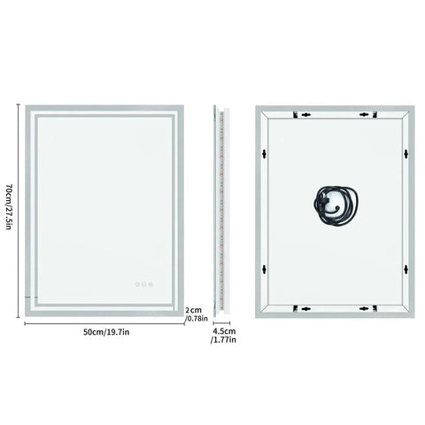 A sleek rectangular bathroom mirror with slim silver frame and integrated led lighting for vanity and makeup use