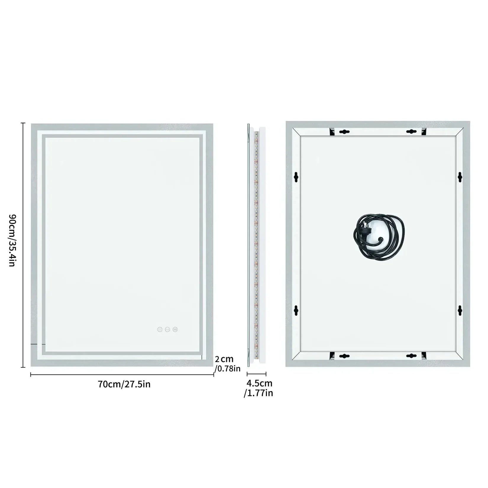 Rectangular led bathroom mirror with sleek silver frame and edge lighting showing its coiled black power cord on back