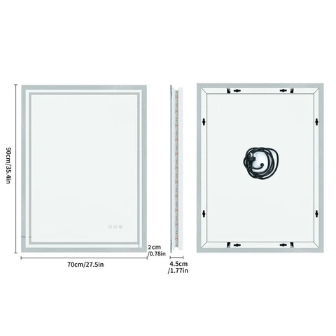 Rectangular led bathroom mirror with sleek silver frame and edge lighting showing its coiled black power cord on back