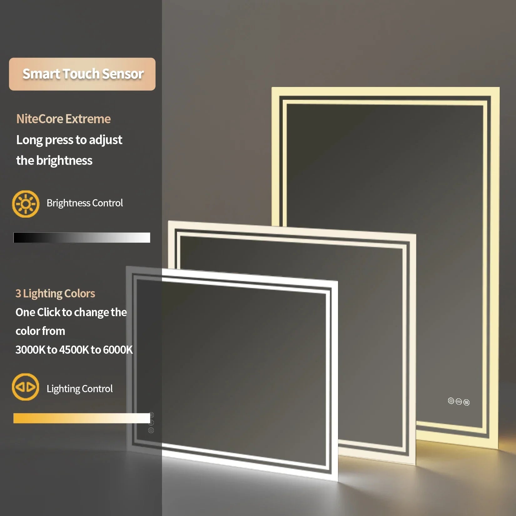 Modern rectangular bathroom mirror with slim metallic frame and adjustable smart touch led lighting for vanity use