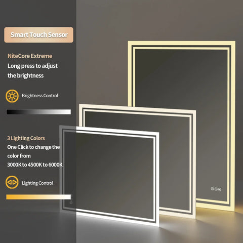 Modern rectangular bathroom mirror with slim metallic frame and adjustable smart touch led lighting for vanity use