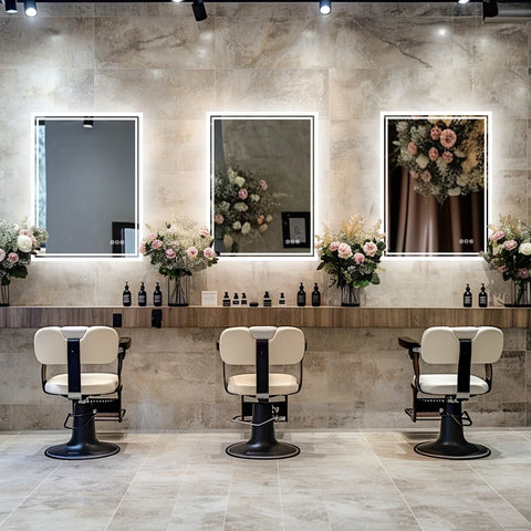 Three cream salon chairs with adjustable black metal bases in front of a marble wall with illuminated bathroom mirror