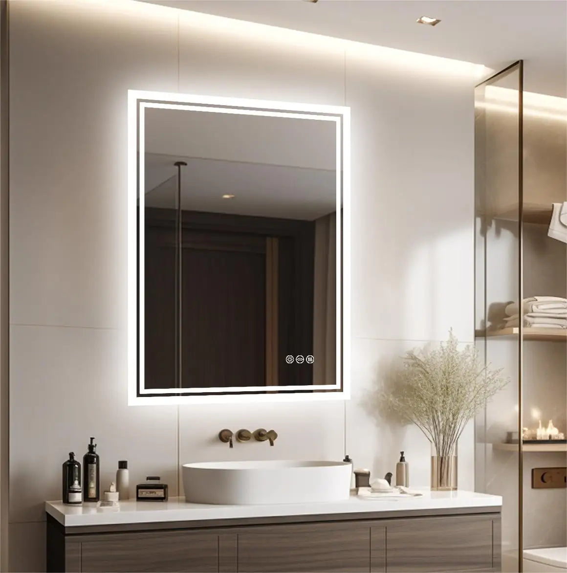 Rectangular frameless bathroom mirror with integrated led lighting and touch control buttons on lower right side
