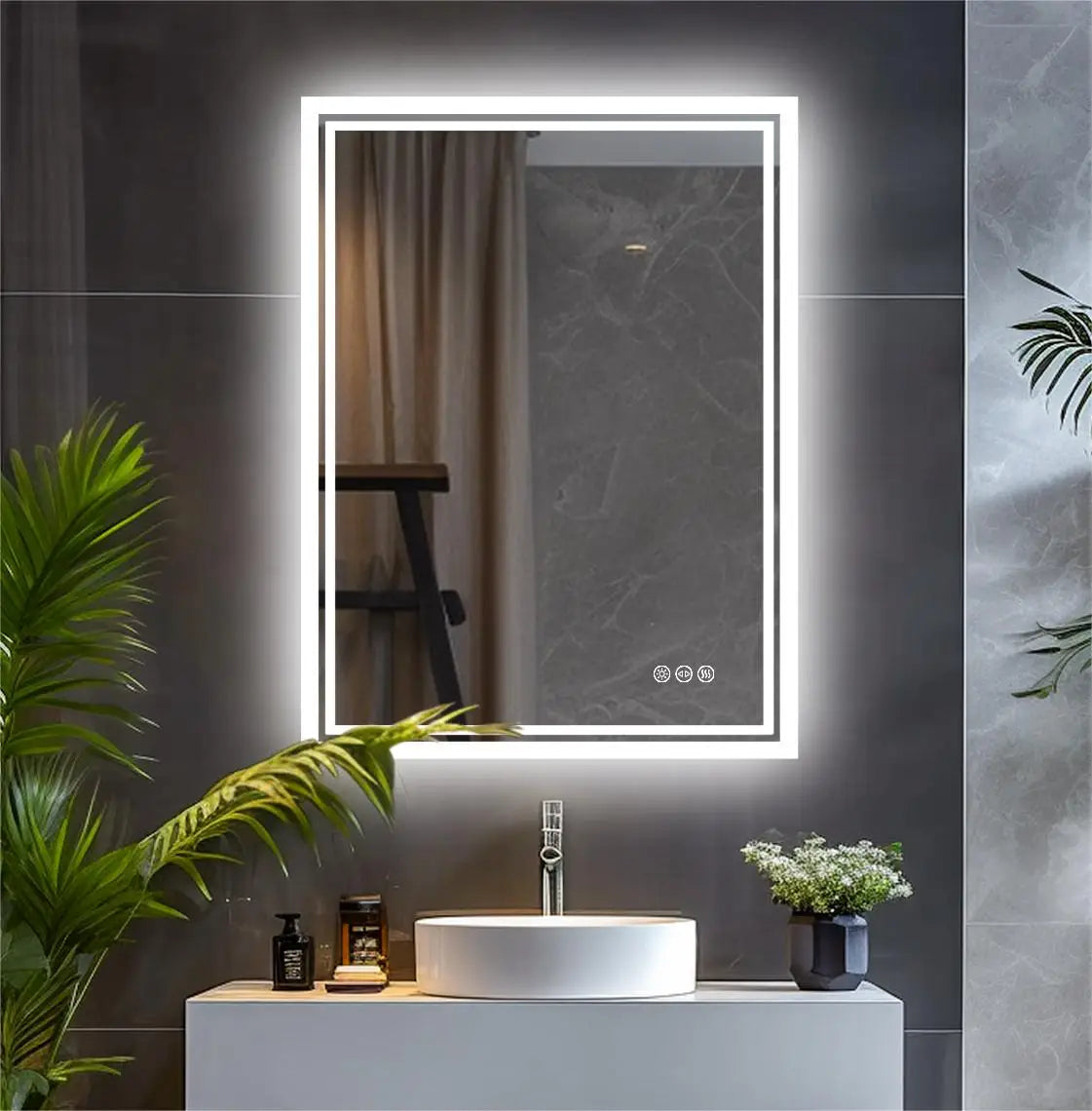 Rectangular bathroom mirror with sleek white frame and integrated led lighting for vanity and makeup use