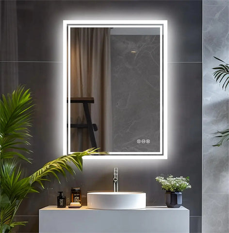 Rectangular bathroom mirror with sleek white frame and integrated led lighting for vanity and makeup use