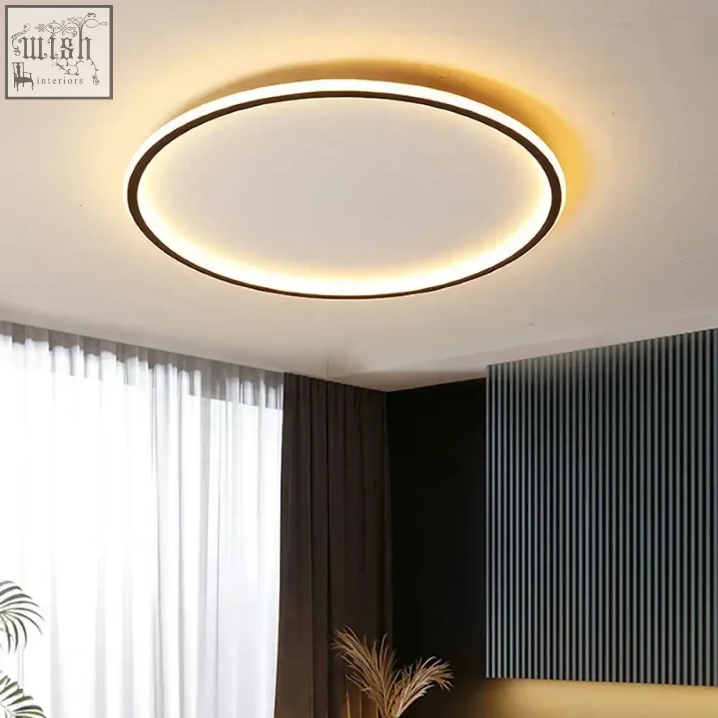 Modern ring flush mount chandelier with black frame and warm white led glow for dimmable ceiling lighting