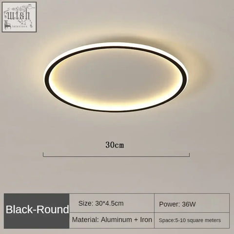 Black ring flush mount led ceiling light with aluminum iron frame emitting warm ambient glow in dimmable design