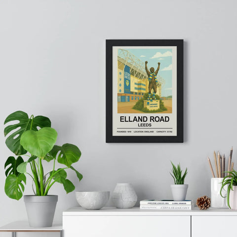 Black-framed vintage-style poster print of leeds elland road stadium perfect for leeds united fans and elland road decor