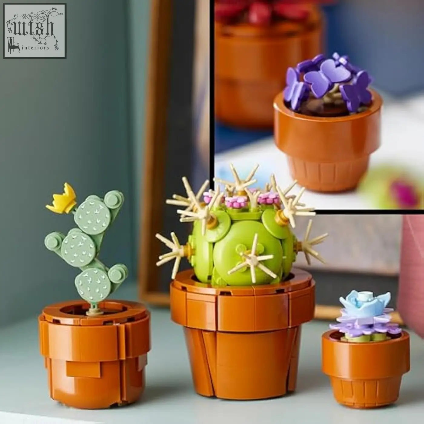 Green lego botanicals tiny cactus plant with spines and purple flowers in orange pot for indoor decor