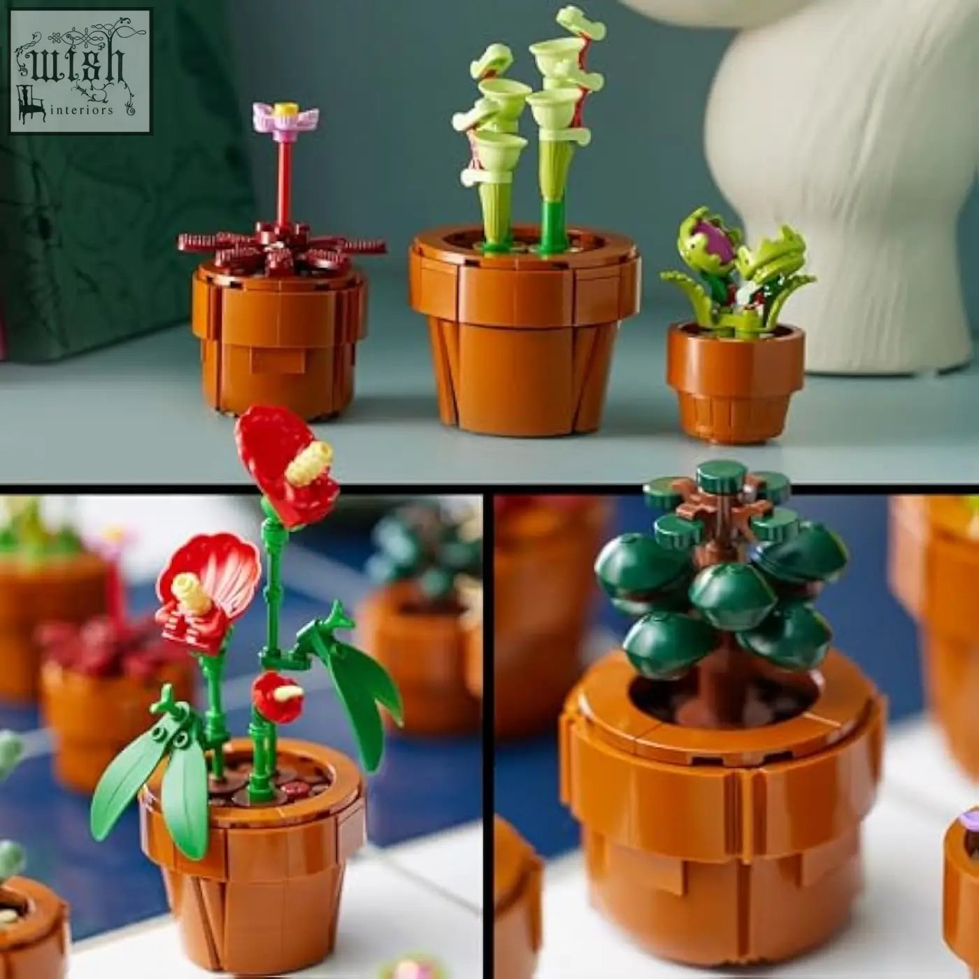 A set of colorful lego botanicals tiny potted plants with red flowers and green foliage perfect for indoor decor