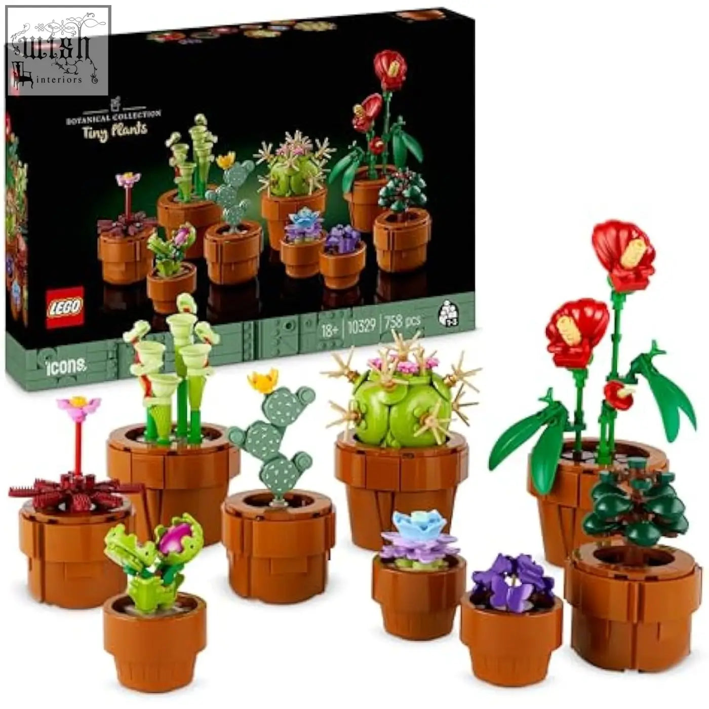 Lego botanicals tiny plants set with 9 potted mini cacti succulents and red anthurium in brown terracotta pots for decor