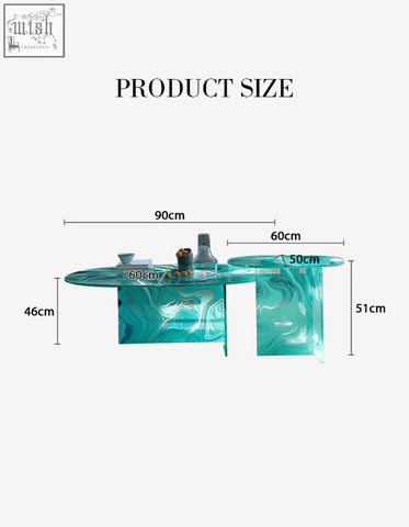 Leila two-tiered glass coffee table with round nesting design in translucent turquoise green with white marble swirls