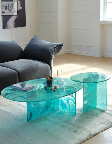 Leila coffee table with teal marbled glass and sleek modern design perfect as a glass coffee table or round nesting set