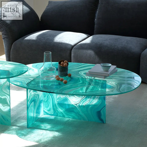 Leila green glass coffee table with teal marbled round nesting top and modern geometric base