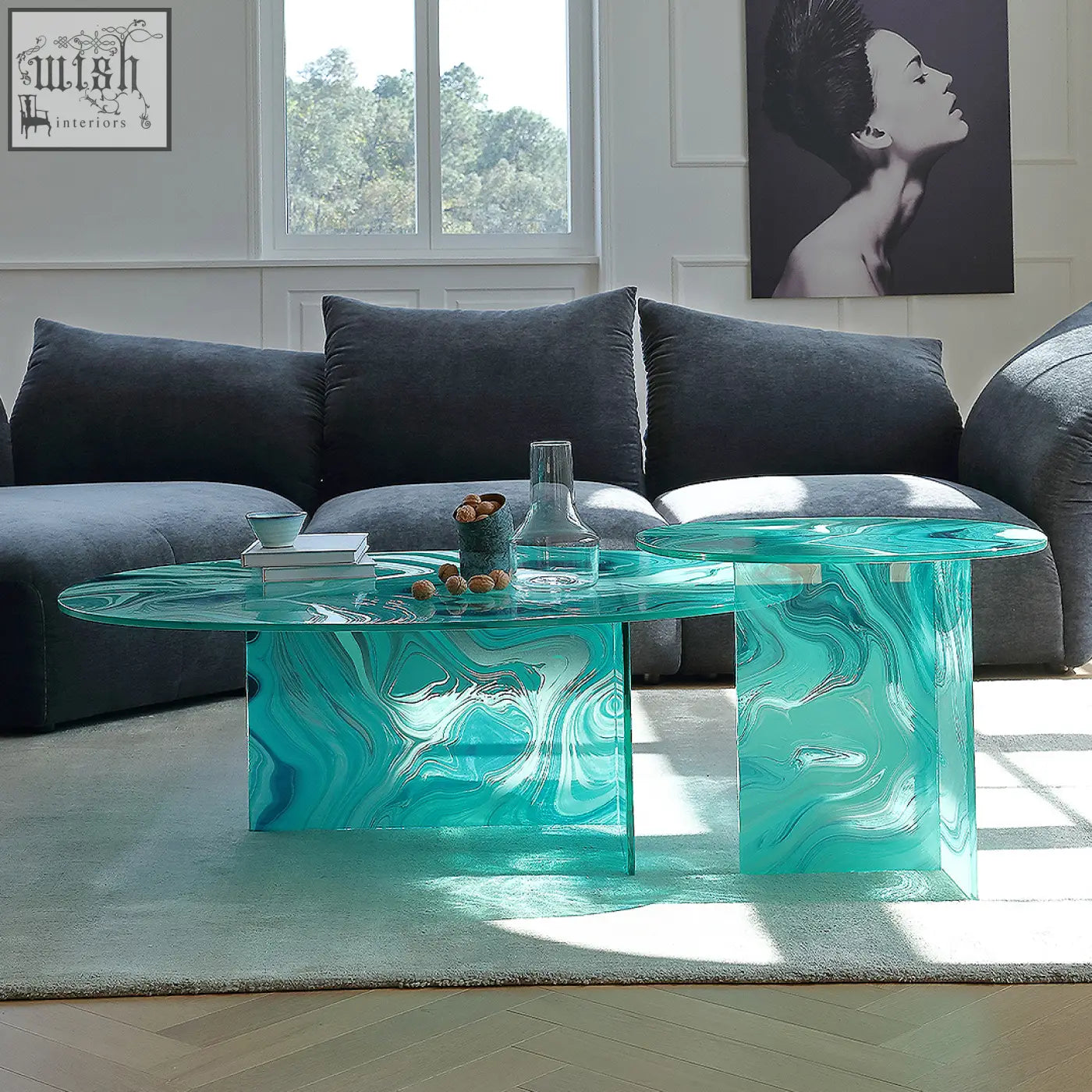 Leila round nesting glass coffee table with teal marbled top and modern geometric design