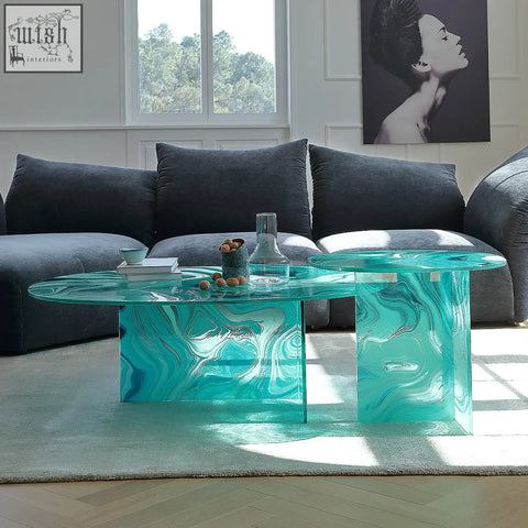 Leila round nesting glass coffee table with teal marbled top and modern geometric design