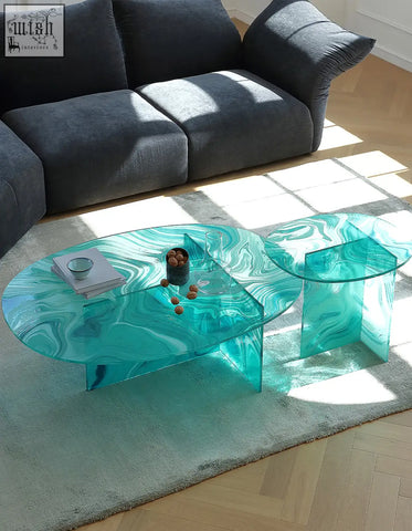 Leila round nesting glass coffee table and side table with teal white marble tops and modern geometric bases