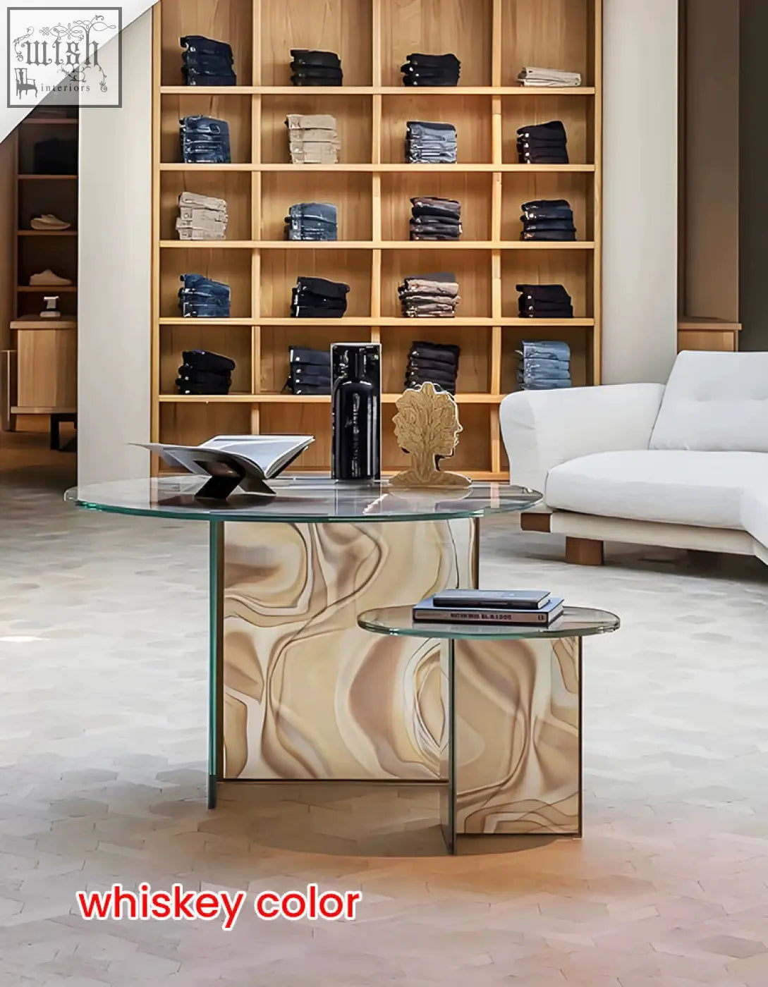 Whiskey-colored glass coffee table and matching side table with marbleized base in green round nesting style