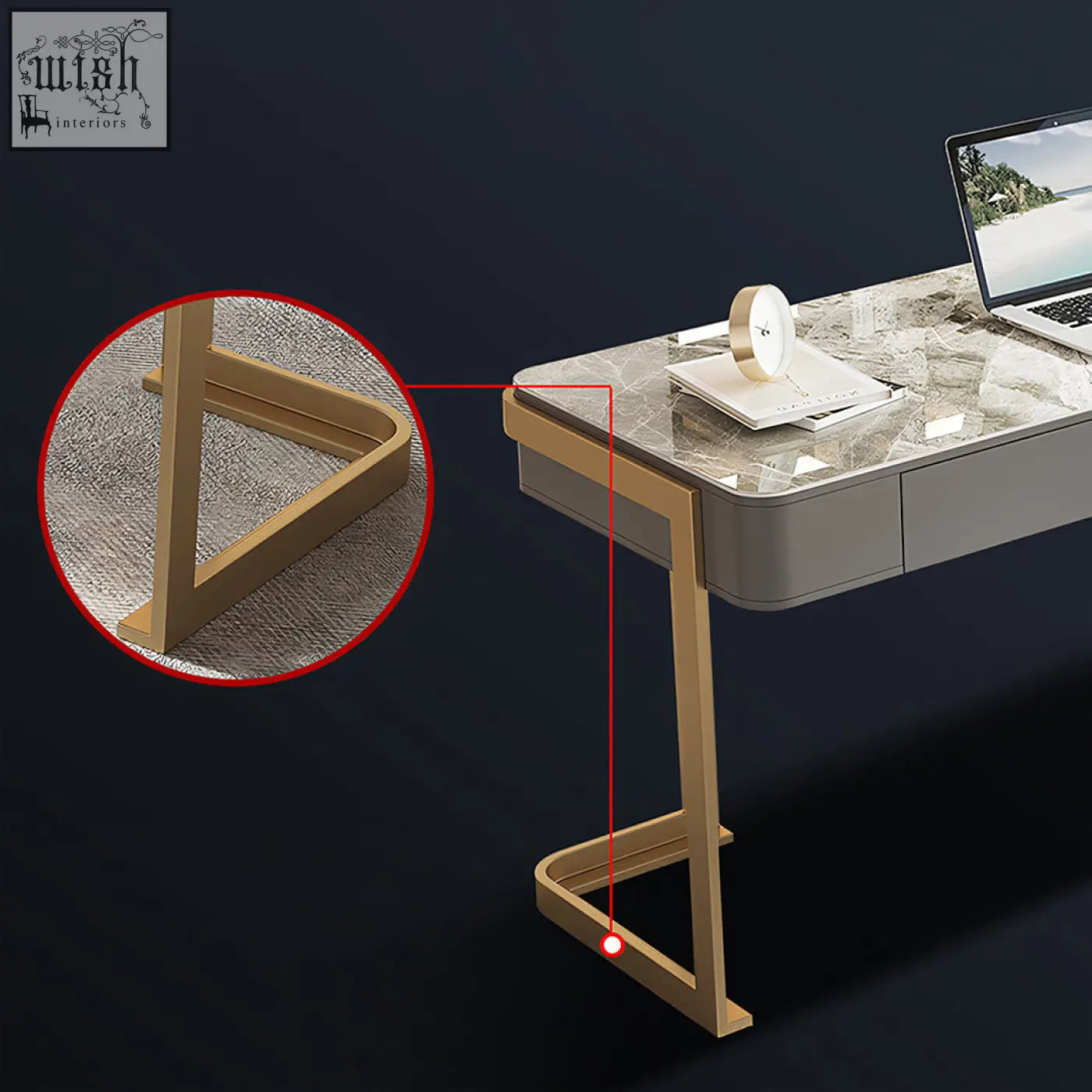 Modern gold finished metal office desk with marble pattern top sleek minimalist leila home office desk with drawers