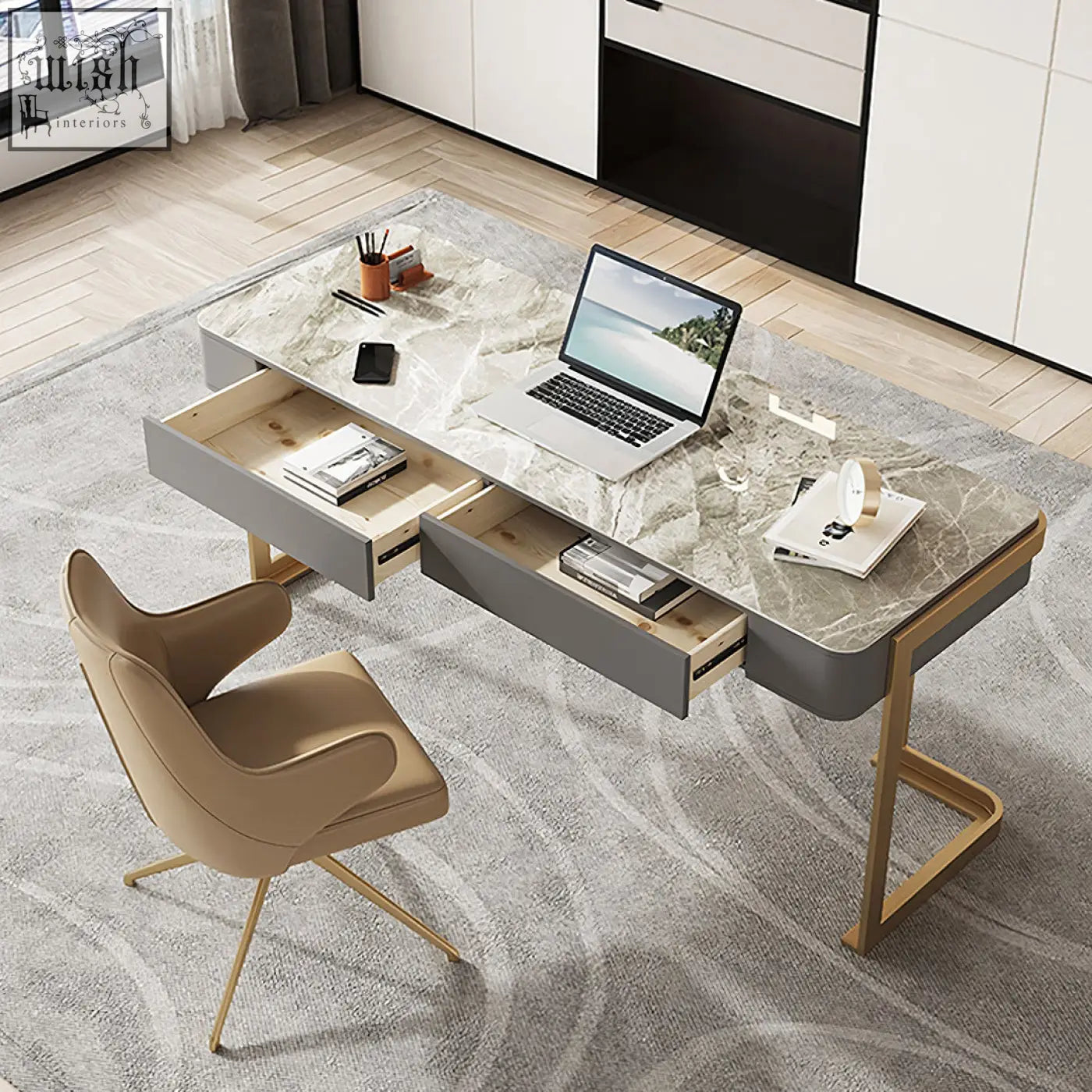 Leila home office desk with drawers features a gray marble top, matte gray drawers, and sleek silver metal legs office desk