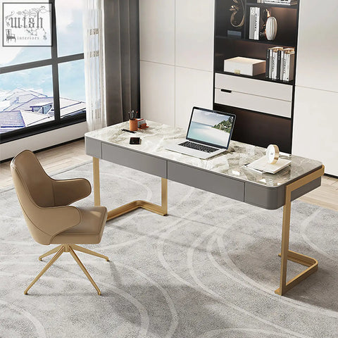 Modern gray leila home office desk with marble top gold legs and integrated drawers perfect as a home office desk