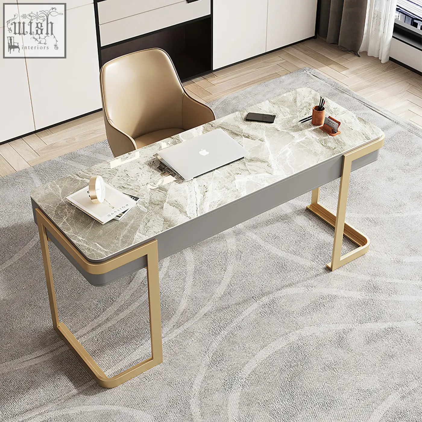 Leila home office desk with drawers featuring a grey marble top and gold metal legs perfect as an office desk or home office desk