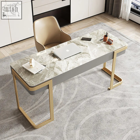 Leila home office desk with drawers featuring a grey marble top and gold metal legs perfect as an office desk or home office desk