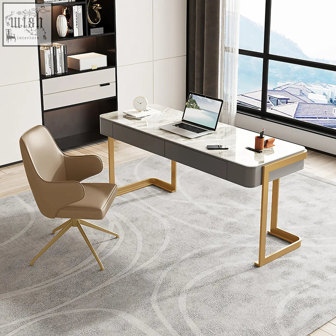 Modern leila home office desk with marble top grey finish and gold-tone metal legs perfect as a home office desk