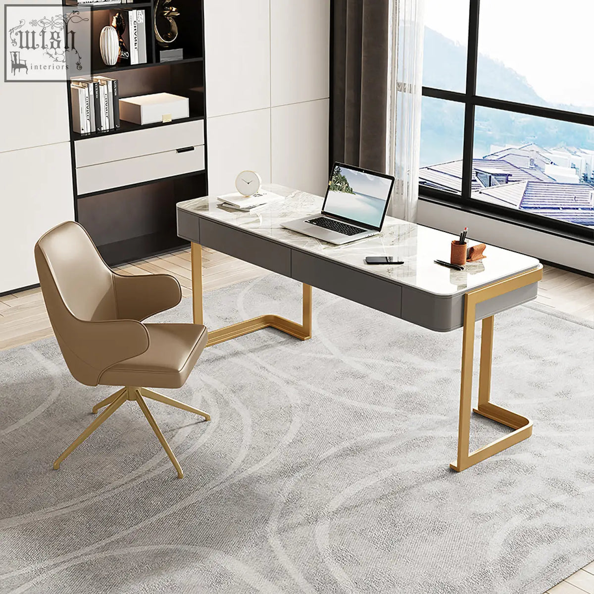Modern leila home office desk with marble top grey finish and gold-tone metal legs perfect as a home office desk