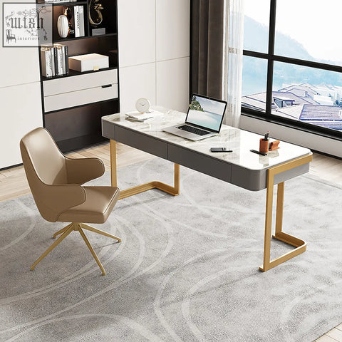 Modern leila home office desk with marble top grey finish and gold-tone metal legs perfect as a home office desk