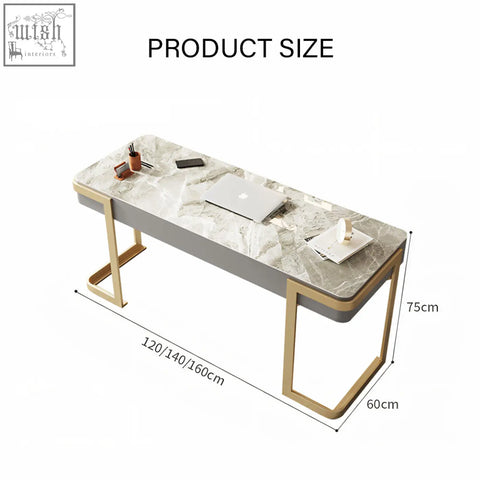 Modern minimalist leila home office desk with white marble top gold legs and drawers available in 120 140 160cm lengths