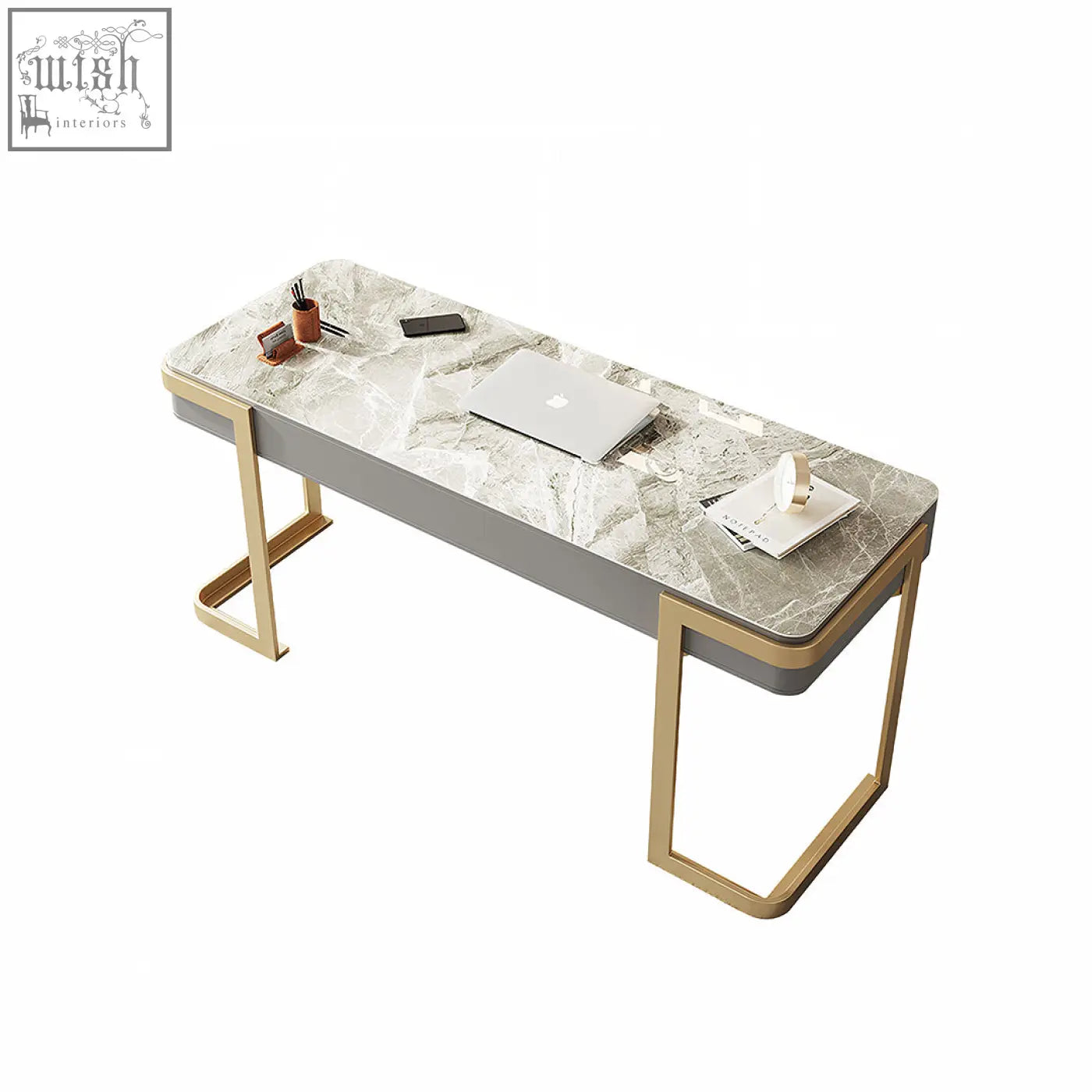 Modern minimalist leila home office desk with white gray marble top gold legs and sleek gray base for home office use