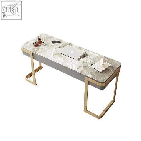 Modern minimalist leila home office desk with white gray marble top gold legs and sleek gray base for home office use