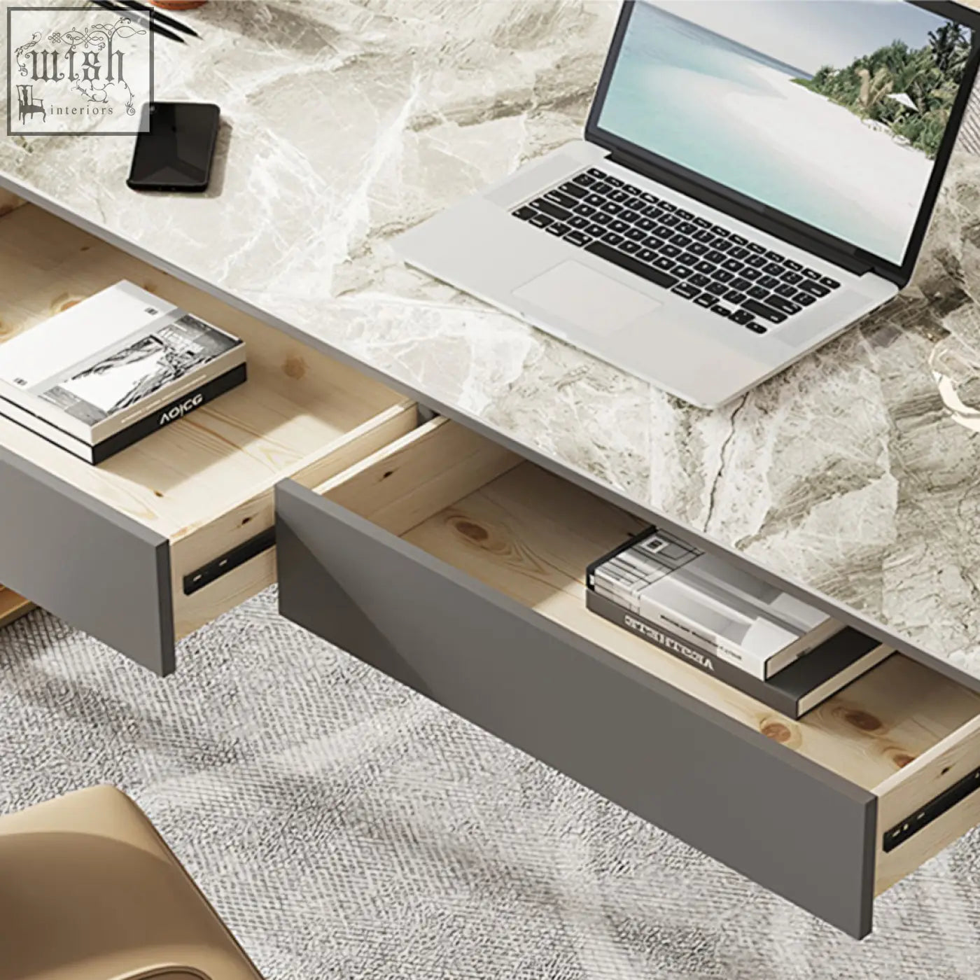 Silver laptop on marble desk surface of leila home office desk with drawers grey and gold office desk setup