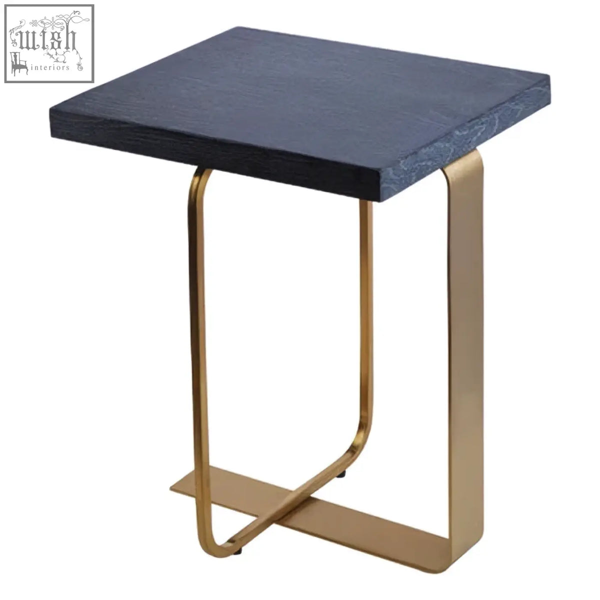 Dark blue textured lena rectangular side table with gold base and modern finish metal legs