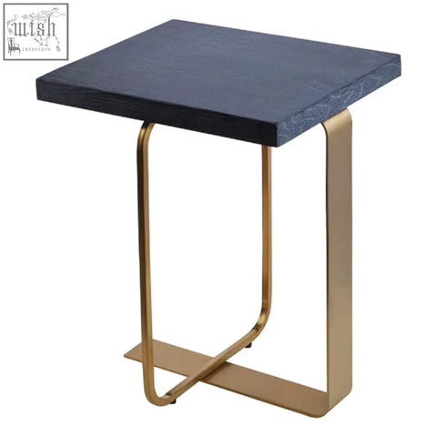 Dark blue textured lena rectangular side table with gold base and modern finish metal legs