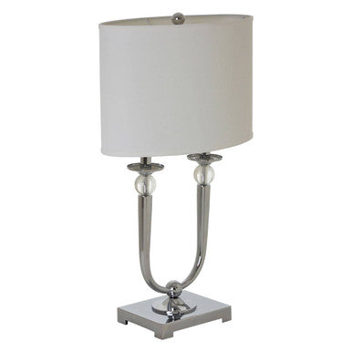 Lene chrome table lamp with chrome finish white cylindrical shade and clear glass beads on curved arms