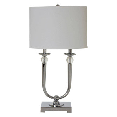 Lene chrome table lamp with chrome finish white cylindrical shade and decorative glass beads on curved arms