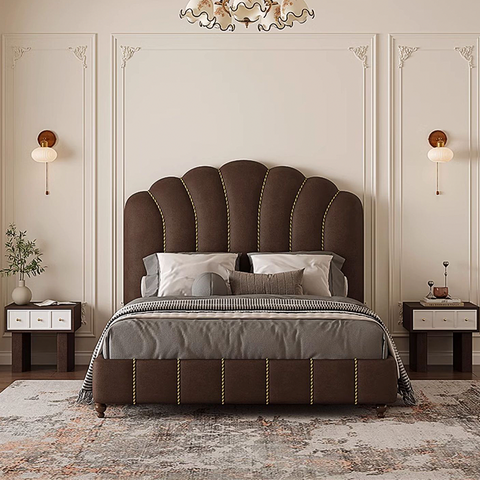Brown velvet leocadia king size bed with scalloped tufted headboard and gold nailhead trim size bed