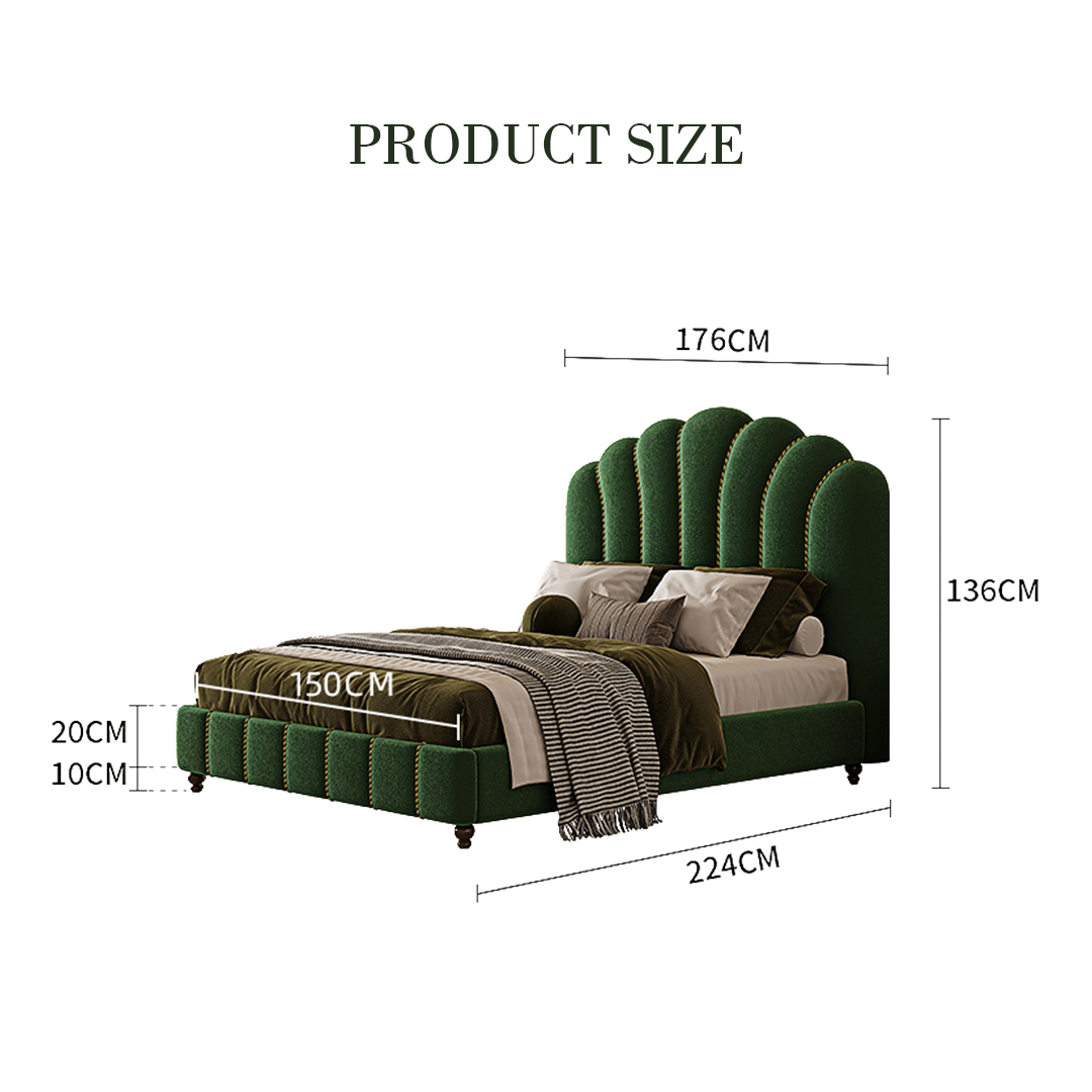 Deep green velvet leocadia king size bed with scalloped headboard and tufted footboard for king size bedrooms