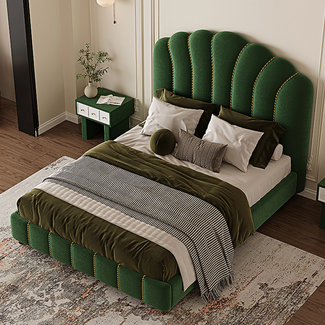 Emerald green velvet king size bed with a scalloped tufted headboard and matching footboard leocadia size bed