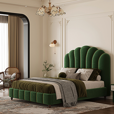 Emerald green velvet king size bed with scalloped tufted headboard and matching footboard leocadia size bed