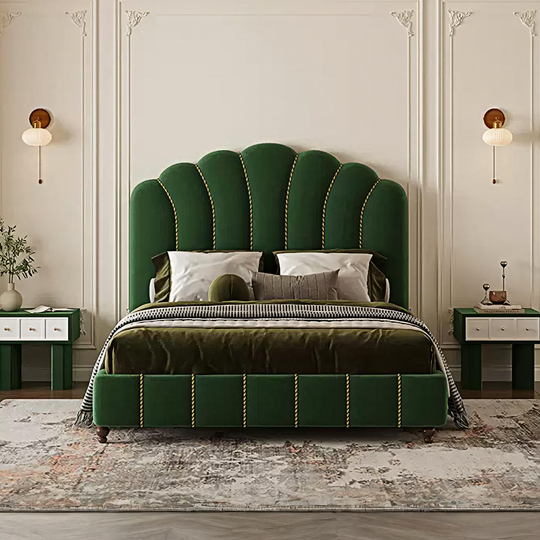 Emerald green velvet leocadia king size bed with scalloped headboard and gold nailhead trim size bed