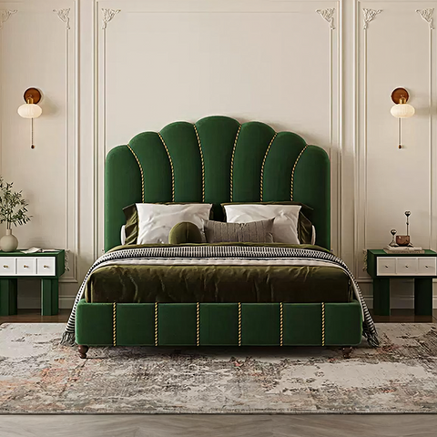 Emerald green velvet leocadia king size bed with scalloped headboard and gold nailhead trim size bed