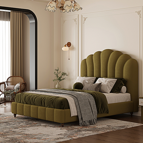 Olive green velvet king size bed with scalloped tufted headboard and matching footboard leocadia size bed